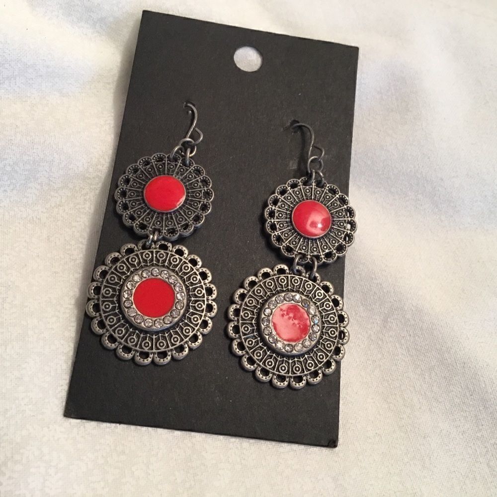 Dark Brown Metal Red Enamel Earrings